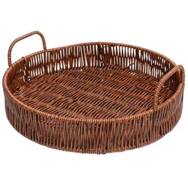 Imagem de Bandeja redonda de plástico trançado com alça Rattan Lyor 26,5x26,5x10