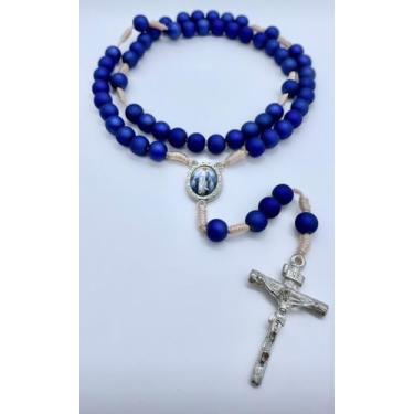 Imagem de Terço pulseira artesanal de São Bento emborrachado azul com prata - Do