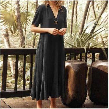 Imagem de Vestido Longo Feminino De Algodão E Cânhamo Com Decote Em V E Mangas C