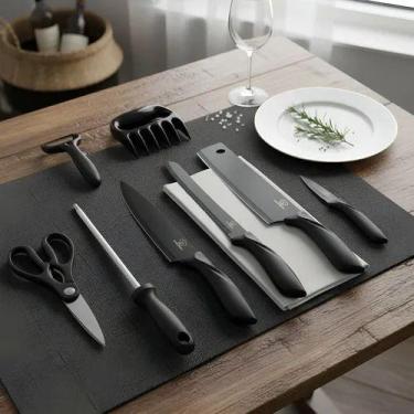 Imagem de Kit Jogo 8 Peça Faca Chaira Cozinha Cheff Aço Inox Churrasco Cutelo Pr