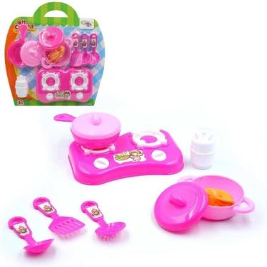 Imagem de Kit Cozinha Infantil com Fogão Panelas e Acessórios Rosa Plástico 7 Peças Kangur