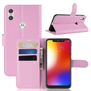 Imagem de Capa ultrafina de couro com textura lichia horizontal para Motorola One (P30 Play), com suporte e compartimentos para cartões e carteira (Preto) Capa traseira para celular (cor rosa)