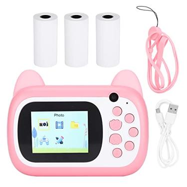 Imagem de EBTOOLS Câmera digital infantil, design de gato rosa 24MP 200dpi câmera de impressão instantânea com papel de impressão, suporta cartão TF de até 32GB, presentes para crianças