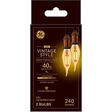 Imagem de Lâmpada GE Vintage Bent Tip LED, vidro âmbar, lâmpada Edison, substituição de 40 watts, regulável, base de lâmpada candelabro, pacote com 2