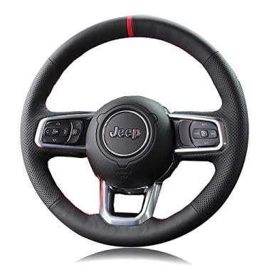 Imagem de Capa protetora de volante de couro perfurado lateral preta vermelha costurada à mão no envoltório apto para Jeep Wrangler 2018 2019 2020 2021 2022 Jeep Gladiator 2020-2022