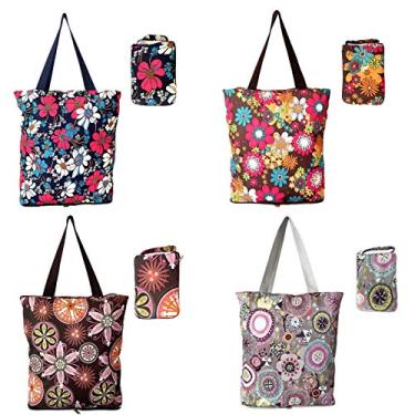 Imagem de Pacote com 4 sacos de supermercado reutilizáveis de cozinha dobráveis designs florais com zíper sacolas de compras dobráveis leves e duráveis sacos grandes de 22,7 kg para mercearia, Colorido.
