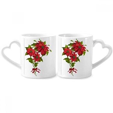 Imagem de Buquê de poinsétia de flores de Natal conjunto de canecas de porcelana de casal vermelho copo de cerâmica alça de coração