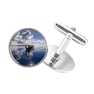 Imagem de DIYthinker Abotoaduras com clipe de botão redondo para pessoas de barco azul água oceânica