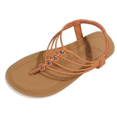 Imagem de Sandálias rasteiras femininas verão elástico casual bico aberto plano confortável sola macia sapatos de praia (laranja, 7,5)