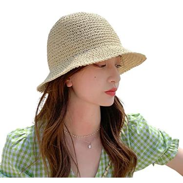 Imagem de Chapéu de sol de palha feminino chapéu de balde tecido chapéu de pesca chapéu de praia boné dobrável cor sólida chapéu de praia de palha verão(A-off-white)