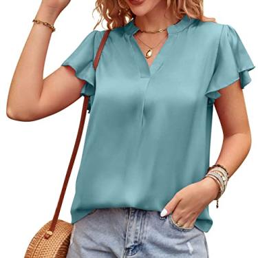 Imagem de Blusa feminina casual de manga curta, camiseta com gola em V para o verão simples, manga com babados, pulôver de trabalho, verde claro, GG (busto: 114 cm)