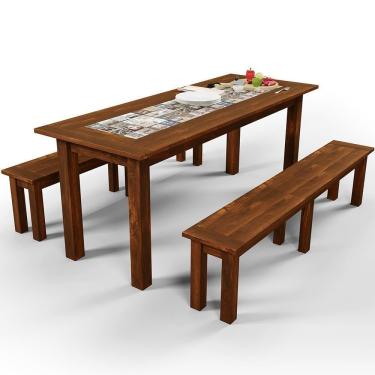 Imagem de Mesa De Jantar Com Cerâmica Rústica 02 Bancos De Madeira Maciça Pinus 200cm W02 Imbuia - Lyam Decor