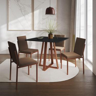 Imagem de Conjunto De Jantar Mesa Mônaco 90Cm Tampo Preto Com 4 Cadeiras Marrom Base Cobre - Cor:...