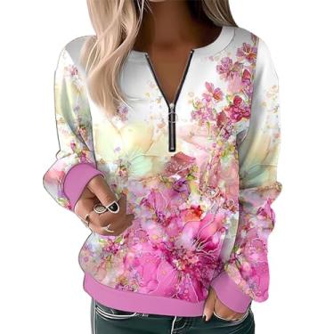Imagem de Estink Pulôver feminino com meio zíper estampado camisa atlética moderna blusa de ajuste solto casual manga longa tops moletons, Flor rosa, M