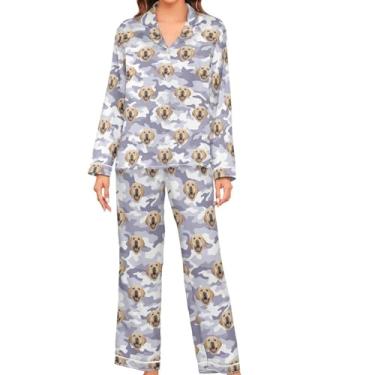 Imagem de JUNZAN Conjuntos de pijamas personalizados para mulheres manga longa cetim personalizado 2 peças loungewear botões conjuntos de pijamas femininos, Camuflagem azul-piscina, M