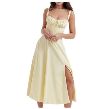 Imagem de Bestgift Vestido frente única feminino longo curto floral, Amarelo-A, XXG