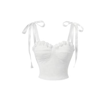 Imagem de BEAUDRM Camiseta regata feminina Y2K 3D Rose Decor Tie Shoulder franzido alça larga sem mangas slim fit laço cropped top, Branco, M