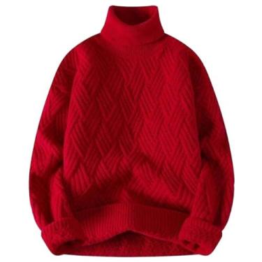 Imagem de Aoleaky Suéter de gola rolê masculino solto de malha pulôver masculino outono inverno quente tricô pulôver casual, Vermelho, G