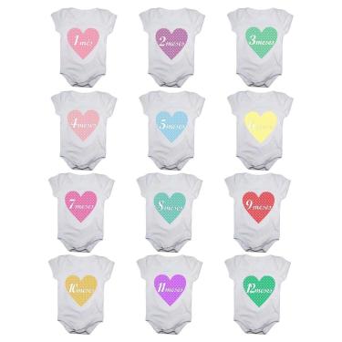 Imagem de Kit 12 Body Bebê Mesversario Manga Curta Corações 1 A 12 Meses Feminino-Feminino