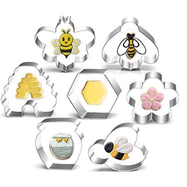 Imagem de Conjunto de cortadores de biscoito de abelha - 7,5 cm - 7 peças - Abelha, colmeia, flor, favo de mel e pote de mel de aço inoxidável Cookie Cookie Cookie Cutters para chá de bebê.