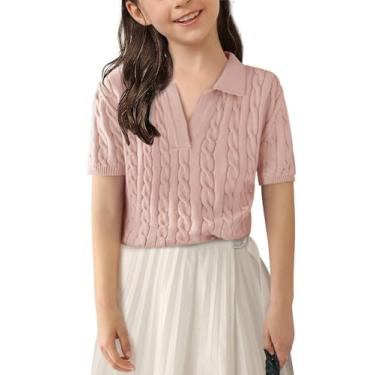 Imagem de Suéteres de manga curta de tricô para meninas, moda infantil, gola V, camisas polo macias de 5 a 14 anos, rosa, 5-6 Anos