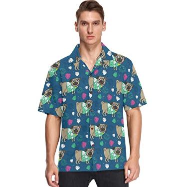 Imagem de Camisas havaianas masculinas manga curta Aloha Beach camisa Pug vestindo camisa havaiana floral verão casual camisas de botão, Multicolorido, M
