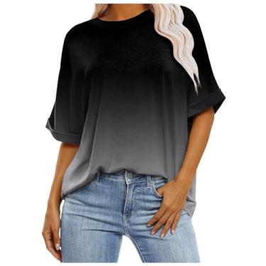 Imagem de Camiseta listrada de manga curta feminina para férias camisetas superdimensionadas pulôver gola redonda blusas de manga curta tops, 054-cinza escuro, M