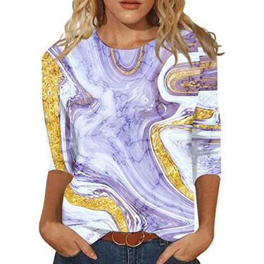 Imagem de Camisetas femininas de outono com manga 3/4, estampa floral, vintage, camisetas confortáveis e fofas, camisetas estampadas de verão, Roxa, M
