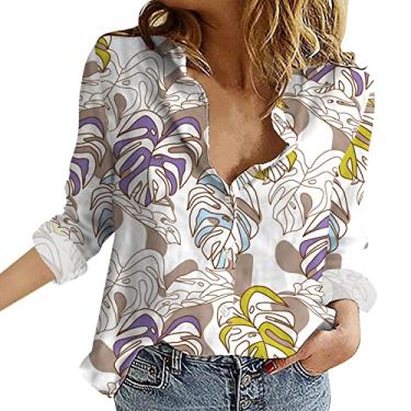 Imagem de Camisetas femininas com estampa floral para o verão, casual, manga comprida, abotoadas, gola de lapela, blusa elegante e moderna, Caqui, XXG