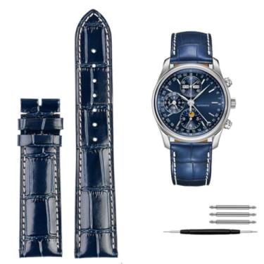Imagem de waillynice Pulseira de relógio de couro genuíno para Longines L2 L3 L4 Masters Collection, pulseira de couro bovino de 19 mm, 20 mm, 21 mm (azul sem fecho)