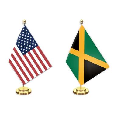Imagem de Conjunto de 2 bandeiras pequenas para mesa americana da Jamaica, 12 x 20 cm, mini banner de mesa jamaicano, decoração de poste de metal sólido de 30 cm, faixa de poliéster impressa digital pequena com