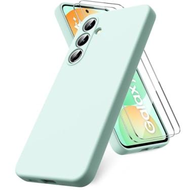 Imagem de Vansdon Capa para Samsung Galaxy S24 FE, pacote com 2 protetores de tela de vidro temperado, capa de silicone líquido TPU macio, capa de gel de silicone de borracha à prova de choque - menta