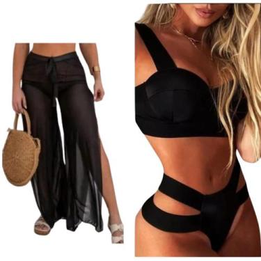 Imagem de Kit Calça Tule + Biquini Neon Tiras Grossa Modelo Gringa, Calça tule p