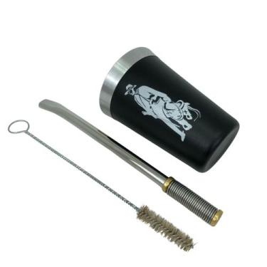 Imagem de Kit tereré cuia copo redondo 200ml alumínio parede dupla preto + bomba