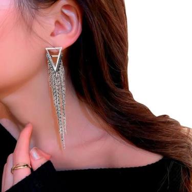 Imagem de Brinco Feminino Strass Franja Diamante Longo Luxo Maxi Prata - anjo da