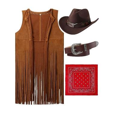 Imagem de Hercicy Roupas femininas ocidentais caubói borla colete sem mangas chapéu de cowboy cinto e bandana Paisley para vestido de Halloween, Marrom, XX-Large