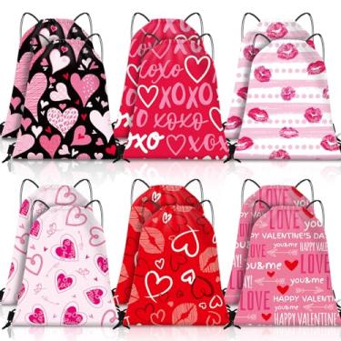 Imagem de Windyun Sacos de presente com cordão para dia dos namorados grande mochila com cordão para lembrancinhas de dia dos namorados a granel 41,54 x 35,9 centímetros padrões de coração sacos de presente de