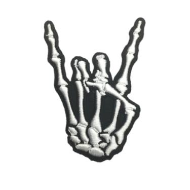 Imagem de PatchClub Adesivo de sinalização Rock On Hand, Patch de mão de esqueleto de balanço, aplique solto para pendurar, 8 cm - Bordado em relevo - Patch de esqueleto realista para passar a ferro/costurar