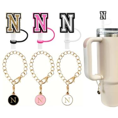 Imagem de (3 +3) 3 peças Stanley Tumbler Cup Straw Cover 10 mm reutilizável tampa de palha topper com 3 pingentes de letra inicial acessórios pingente de alça personalizada para Stanley Copo de 30 e 4 onças (N)