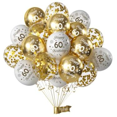 Imagem de Yiran Balões de aniversário de 60 anos, ouro branco número 60 balões, 15 peças, artigos de decoração de festa, balões de confete de látex de 30,5 cm para adultos, homens e mulheres
