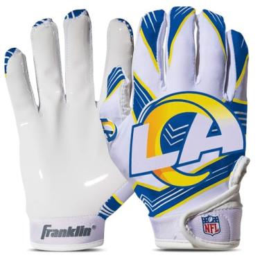 Imagem de Franklin Sports Luvas com receptor de futebol americano NFL Los Angeles Rams – Luvas receptoras para crianças – logotipos da equipe NFL e palma de silicone – Par juvenil P/PP
