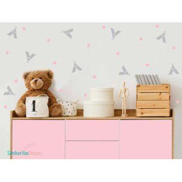 Imagem de adesivo de parede cabanas e bolinhas rosa e cinza - Senhorita Decor