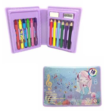 Imagem de Estojo Giz de Cera Lapis de Cor  Maleta Material Kit Escolar Pintura 18 Peças