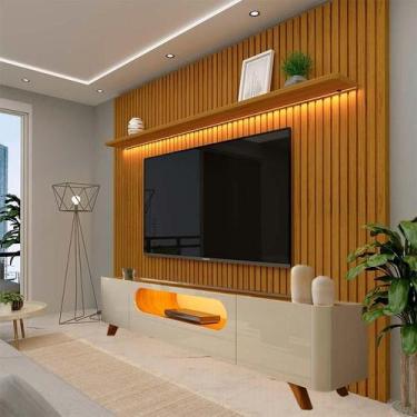 Imagem de Rack Nobre Pés Madeira Com Painel Ripado Nobre TV 85 Pol 230x250 Geliu