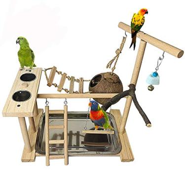 Imagem de Parrots Playground Bird Play Stand Natural Wood Parrot Perch Gym Cercadinho Ninho com copos de alimentação, escadas, acessórios de gaiola de pombinhos de brinquedo centro de atividades de exercício para conure calopsitas Lovebirds