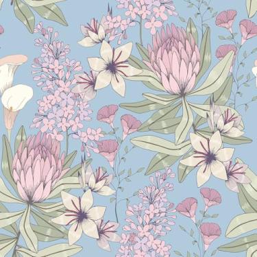 Imagem de VaryStyle Papel de parede floral azul e rosa estético azul/rosa/verde protea lilases flor papel de parede para quarto de meninas banheiro 45 x 299 cm papel de contato floral azul removível para