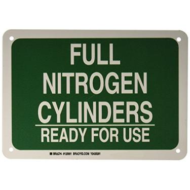 Imagem de Brady 125691 Placa de química e perigo, legenda "Cilindros de nitrogênio completos prontos para uso", 17,8 cm de altura, 25,4 cm de largura, branco sobre verde