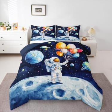 Imagem de Jogo de cama queen com astronauta, universo sideral, planetas, decoração de quarto de crianças, adolescentes, aquarela, balões e edredom com desenho animado de foguete, 3 peças
