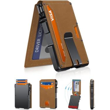 Imagem de Carteira masculina minimalista de 9 a 13 cartões, fina e compacta com clipe para dinheiro e janela para identidade, carteira de cartão pop-up inteligente com bloqueio de RFID, porta-cartão de crédito