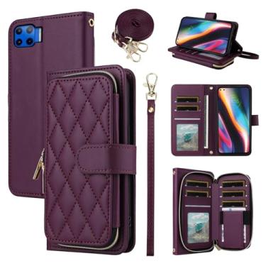 Imagem de Furiet Argyle Capa carteira para Moto One 5G/One5G UW/Moto G G5 Plus com alça de ombro, 9+ compartimento para cartão com zíper, capa de celular quadriculada para Motorola One Lite XT2075-1 Deep Purple